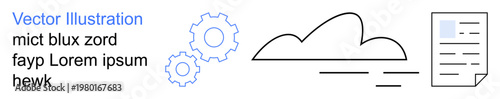 Cloud technology, data storage, digital collaboration, workflow automation, tech innovation, document management. Cloud outline, gears and a document are . Cloud technology and data storage concept