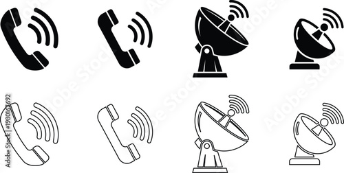 Collection of phone and satellite communication icons in black and white