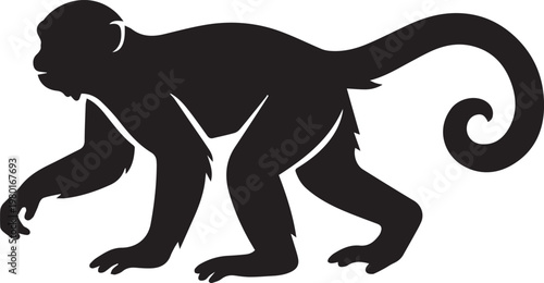 Black silhouette of a spider monkey walking on all fours with silhouette wildlife creature predator aggressive illustration