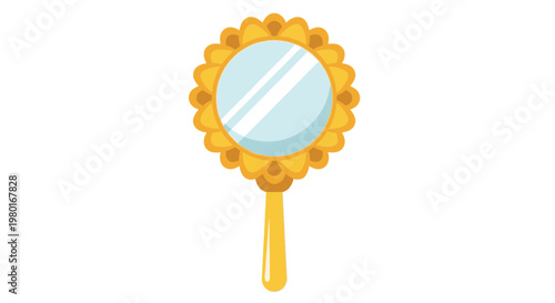 A brightly colored hand held vanity mirror with a decorative golden frame and a long handle