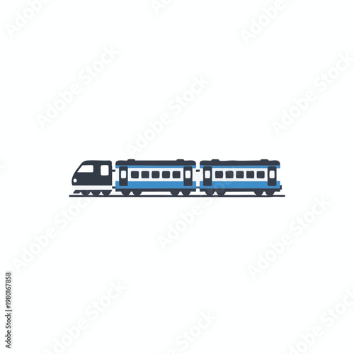 Modern public transportation train traveling on railway tracks under a clear sky