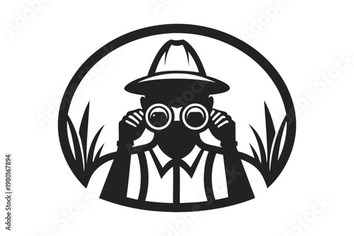 Safari guide silhouette in black and white, holding binoculars, simple outline vector