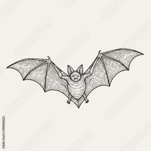 Detailed illustration of a bat with outstretched wings.