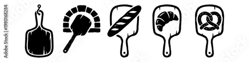 Rustic Bakery Icon Set: Baguette, Croissant, Pretzel, Oven and Cutting Board Vector Illustrations for Menu Design