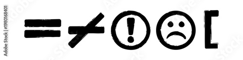 Set of Hand Drawn Black Symbols: Equal, Not Equal, Exclamation Mark, Sad Face, and Square Bracket in Grunge Style Isolated on White Background