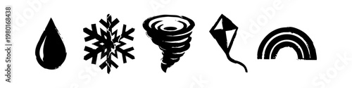 Set of Hand-Drawn Black Weather Icons Featuring Raindrop, Snowflake, Tornado, Kite, and Rainbow Silhouettes for Meteorological and Environmental Design Concepts