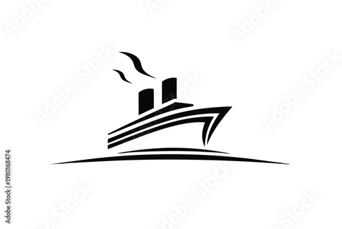 Black and white graphic silhouette of a historic steamship on the open sea