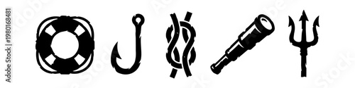 Set of Hand-Drawn Nautical and Pirate Themed Icons: Lifebuoy, Fishing Hook, Rope Knot, Spyglass, and Trident Silhouettes on White Background