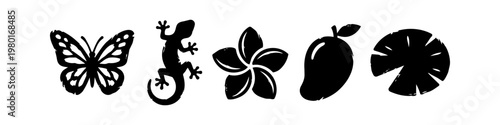Set of Tropical Nature Silhouettes Including Butterfly, Gecko, Frangipani Flower, Mango Fruit, and Lily Pad Icon Elements for Exotic Island Design and Vector Illustration on White Background