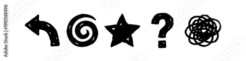 Set of Hand-Drawn Black Ink Symbols Featuring a Back Arrow Spiral Swirl Star Question Mark and Scribble Tangle for Creative Design Elements