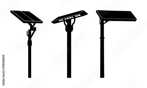 Solar street light icon set with solid black icon, white background featuring solar powered, street lighting, urban night with energy and sustainability