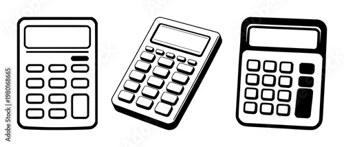 Accounting calculator set with solid black icon on white background featuring accounting, calculator, finance with minimalist and line art