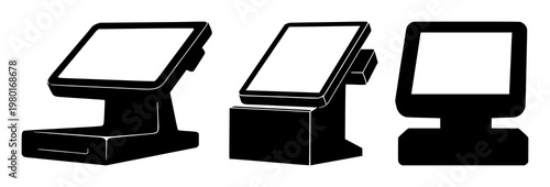 Point of sale terminal set with solid black icon on white background featuring icon, POS, terminal with black graphic and white background
