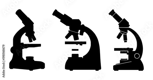 Laboratory microscope set with solid black icon on white background featuring microscope, optics, research with biomedical and science