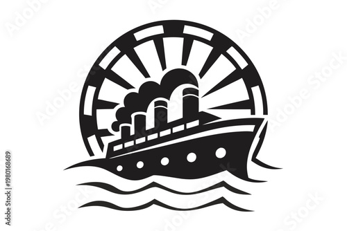 Vector black and white silhouette of a steamship on the open sea