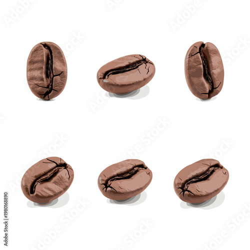 Close-up of six roasted coffee beans on a white background, isolated.