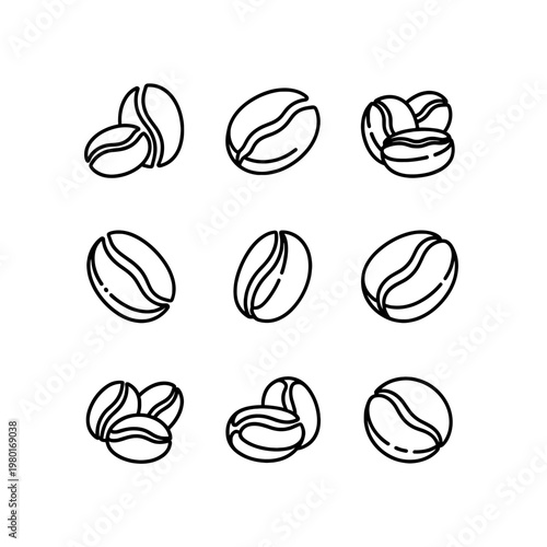 Coffee bean illustrations in various arrangements on white background.