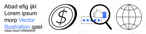 Finance, online reviews, global trade, customer feedback, ecommerce, internet services. Dollar sign, magnifying glass star rating globe. Finance and online reviews conceptual