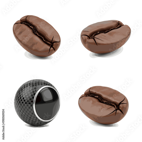 Coffee beans and a carbon fiber shift knob on a white background.