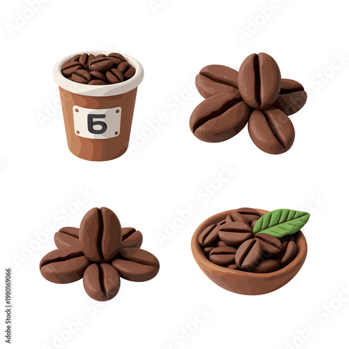 Coffee beans and cup, a collection of coffee-related items.