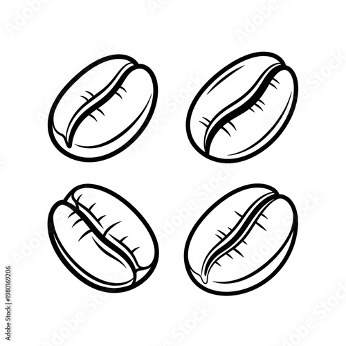 Four coffee beans illustration, black and white, isolated on white background.