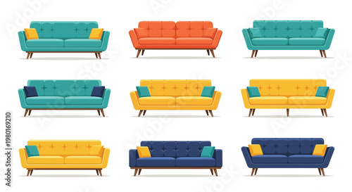 A collection of nine modern sofas in various colors and styles are displayed on a white background