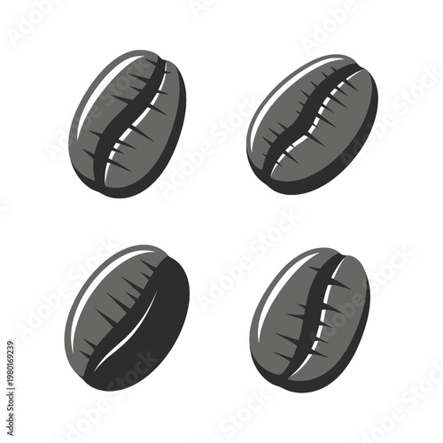 Four coffee beans illustration in grayscale on a white background.