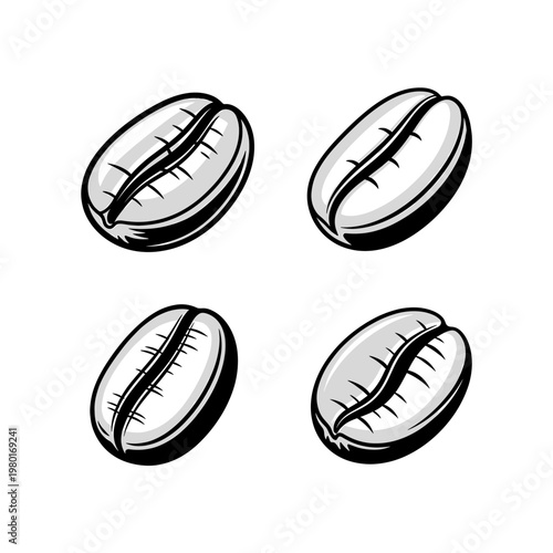 Four coffee beans illustration in black and white, isolated on white background.