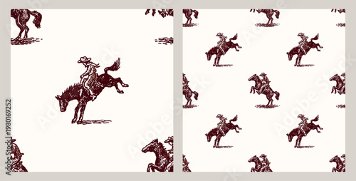 Seamless Rodeo Cowboy Pattern with Bucking Horse, Hand-Drawn Western Repeat Background in Brown