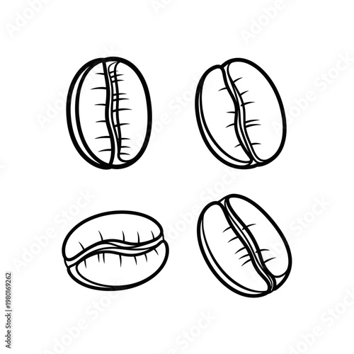 Four coffee beans in different orientations, black and white illustration.
