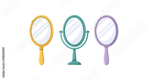 Three decorative hand mirrors in pastel colors are displayed against a plain white background