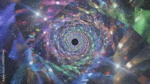 Abstract digital art of a colorful tunnel with a black hole in the center.