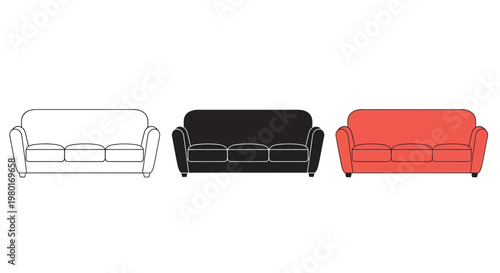 A minimalist illustration showcases three identical sofas in white black and red colors