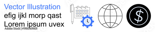 Business planning, time management, international trade, global finance, productivity, economy. Icons include a calendar with a gear, a globe and a dollar symbol. Business planning and global