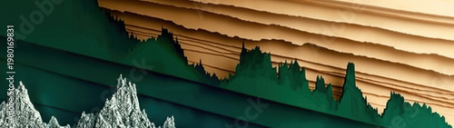 Jagged, forest-green paper mountains rise in a layered relief against a background of tan, parchment-like ridges, creating a textured and minimalist ultra-wide papercraft wilderness