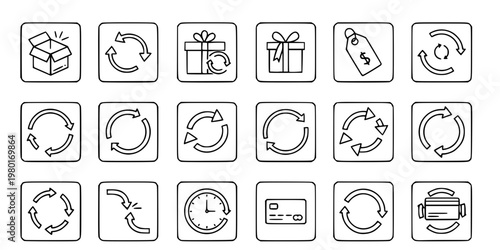 Return Policy and Circular Arrow Vector Icon Set Minimalist Line Art 16 Grid