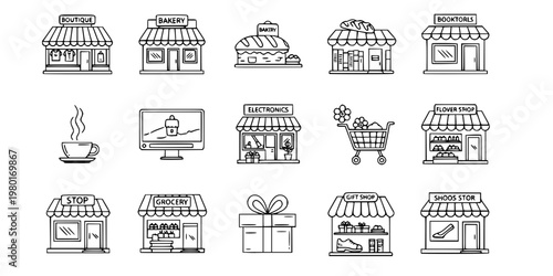 Store Front and Retail Shop Vector Icon Set Minimalist Elegant Line Art 9 Grid