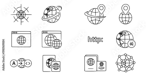 Globe and International Website Vector Icon Set Minimalist Line Art 9 Grid