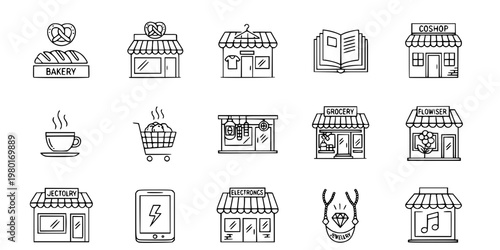 Store Front and Retail Shop Vector Icon Set Minimalist Elegant Line Art 9 Grid
