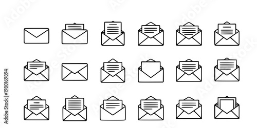 Email Envelope and Open Letter Vector Icon Set Minimalist Line Art 16 Grid