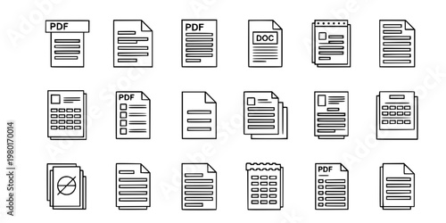 PDF DOC and Spreadsheet Vector Icon Set Minimalist Line Art 16 Grid