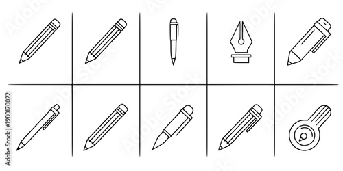 Pencil Pen and Editing Tool Vector Icon Set Minimalist Line Art 9 Grid
