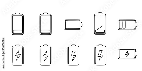 Battery Level and Charging Vector Icon Set Minimalist Line Art 9 Grid