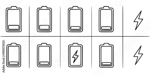 Battery Level and Charging Vector Icon Set Minimalist Line Art 9 Grid