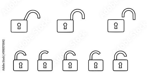 Locked and Unlocked Padlock Vector Icon Set Minimalist Line Art 9 Grid