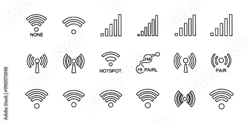 Bluetooth and Wireless Sharing Vector Icon Set Minimalist Line Art 9 Grid
