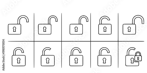 Locked and Unlocked Padlock Vector Icon Set Minimalist Line Art 9 Grid