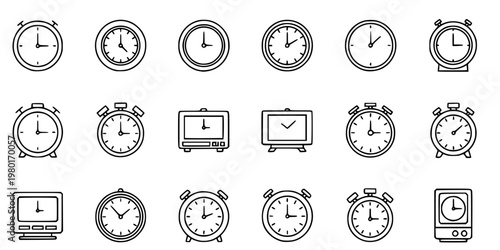 Alarm Clock and Wake Up Vector Icon Set Minimalist Line Art 9 Grid