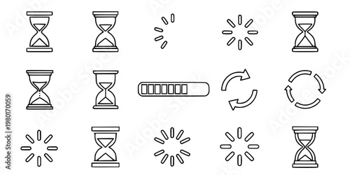 Hourglass and Loading State Vector Icon Set Minimalist Line Art 9 Grid