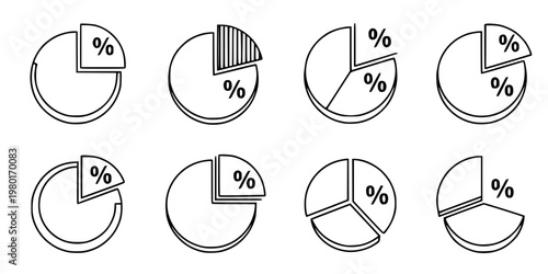 Pie Chart and Percentage Statistic Vector Icon Set Minimalist Line Art 9 Grid